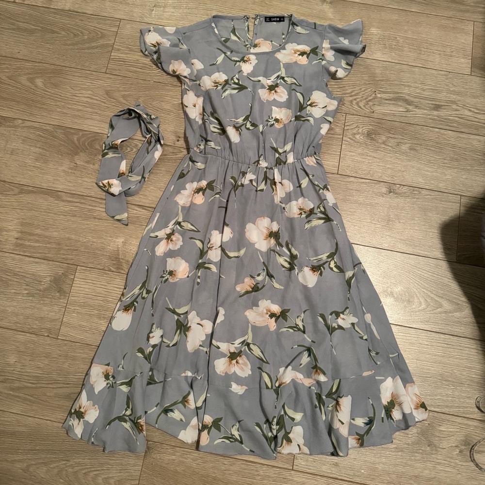 Blue Floral dress with tie belt